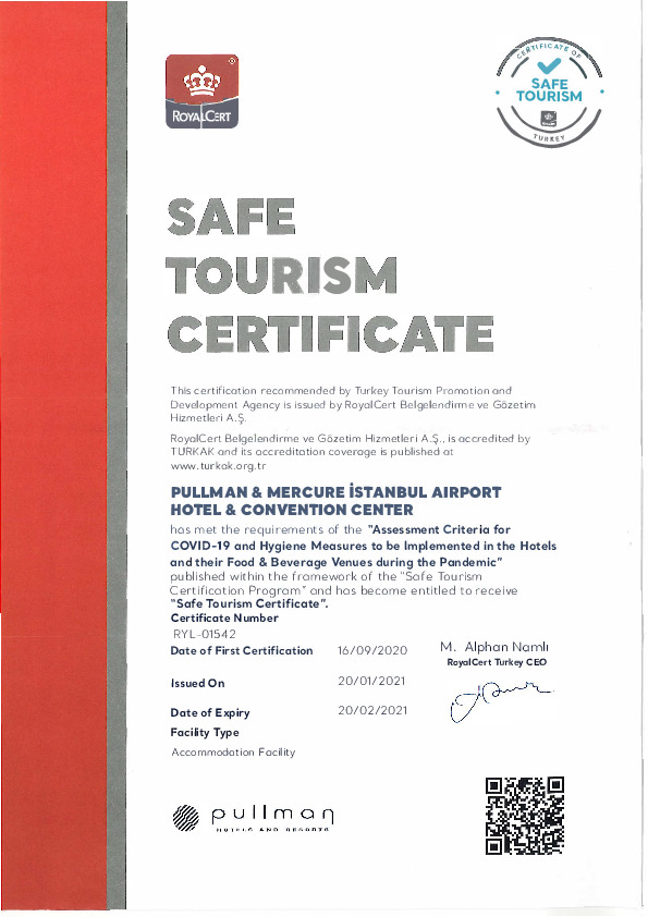 The Safe Tourism Certificate Of Pullman Hotel